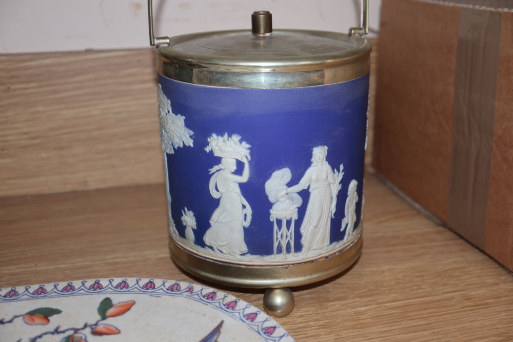 A Stone China strainer, a Staffordshire Highlander group, a Royal Doulton vase and a Wedgwood biscuit barrel (4)